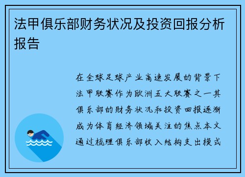 法甲俱乐部财务状况及投资回报分析报告
